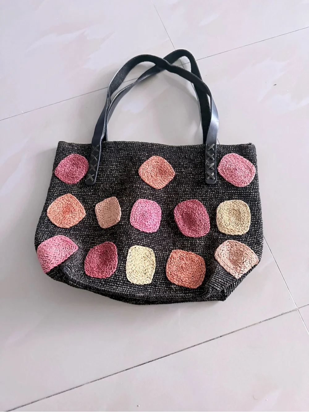 Annabel Ingall Black Tote with Pink, Peach & Cream Circles